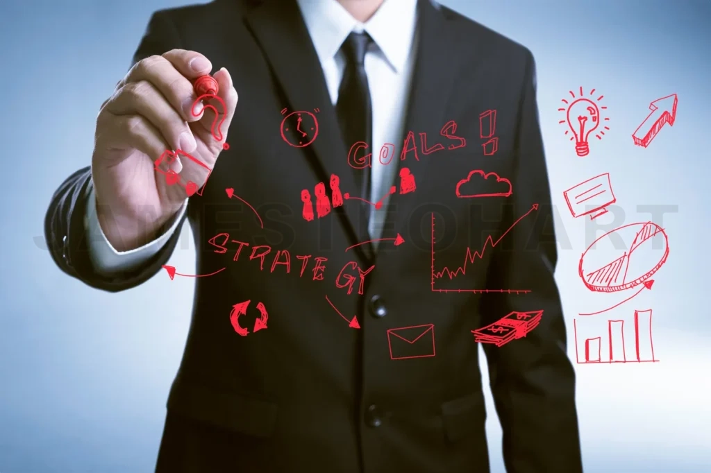 
Businessman Hand Draws Development Graph Strategy Concept With Transparent Glass Screen