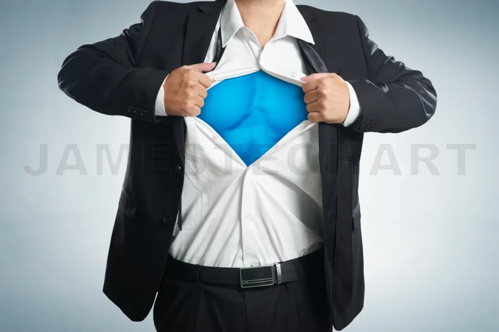 
Closeup Of A Businessman Showing The Superhero Suit Under His Shirt