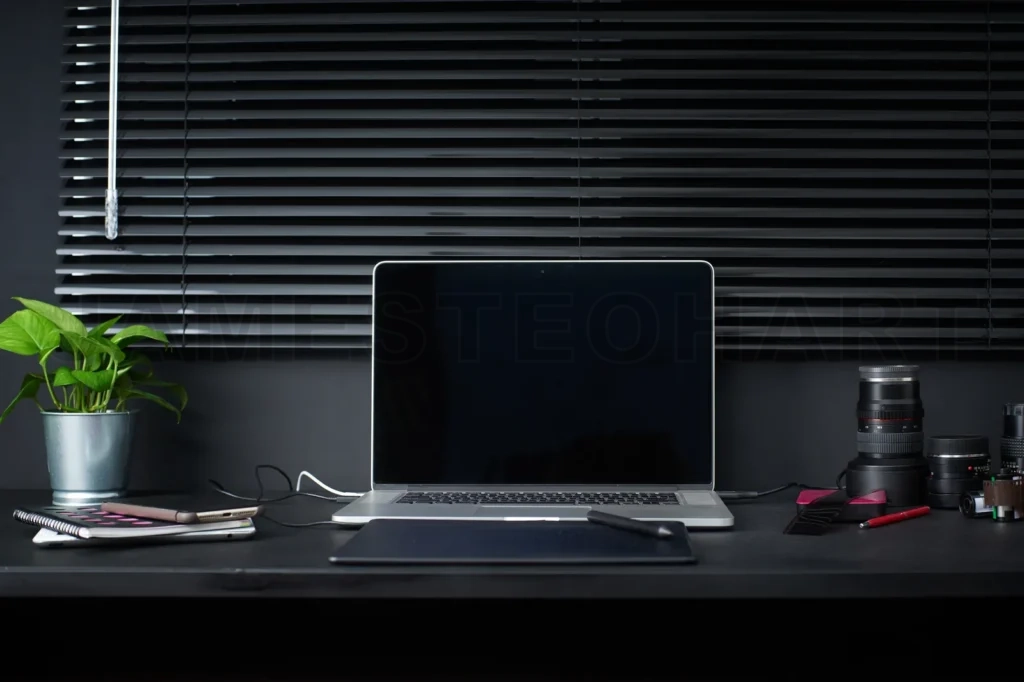 
Work Space On Black Table Of A Photographer Or Designer With Laptop , Retro Camera , Stylish Home Studio Concept Of Hipster