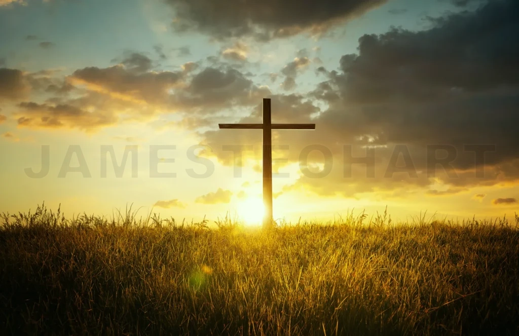 
Christian cross silhouette standing in golden meadow at sunset