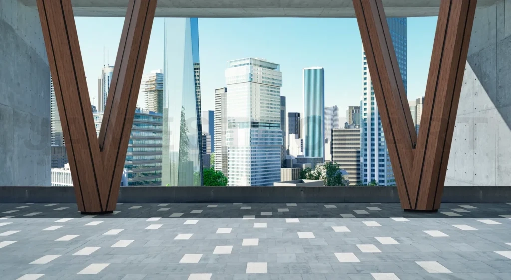 
Empty floor with wooden pilllar and beautiful cityscape view