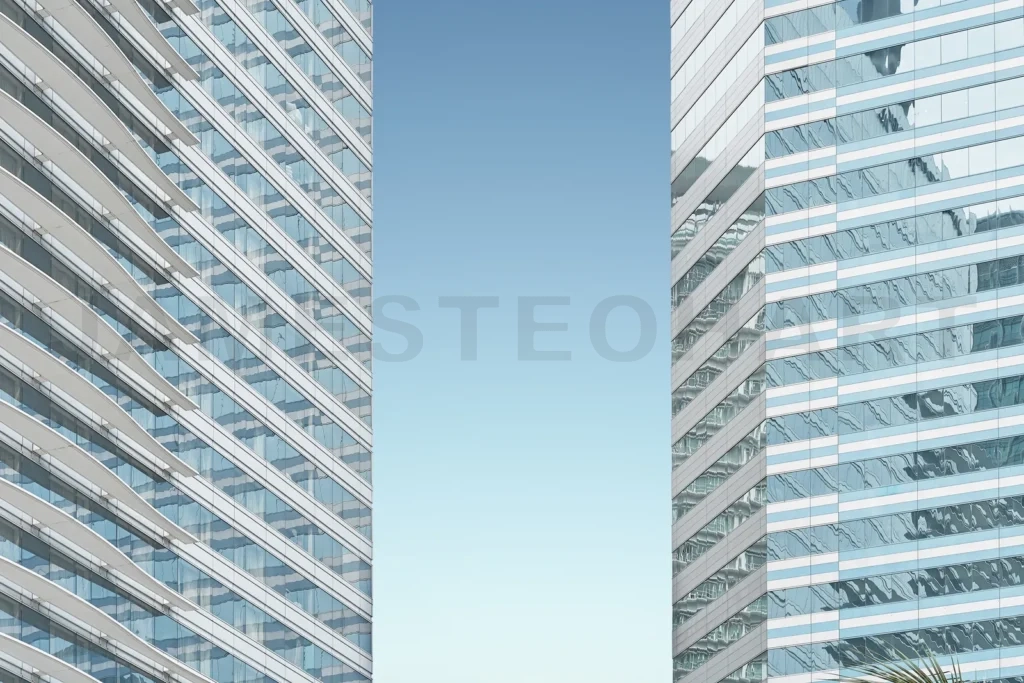 
Close up of a geometric structure skyscraper exterior facade