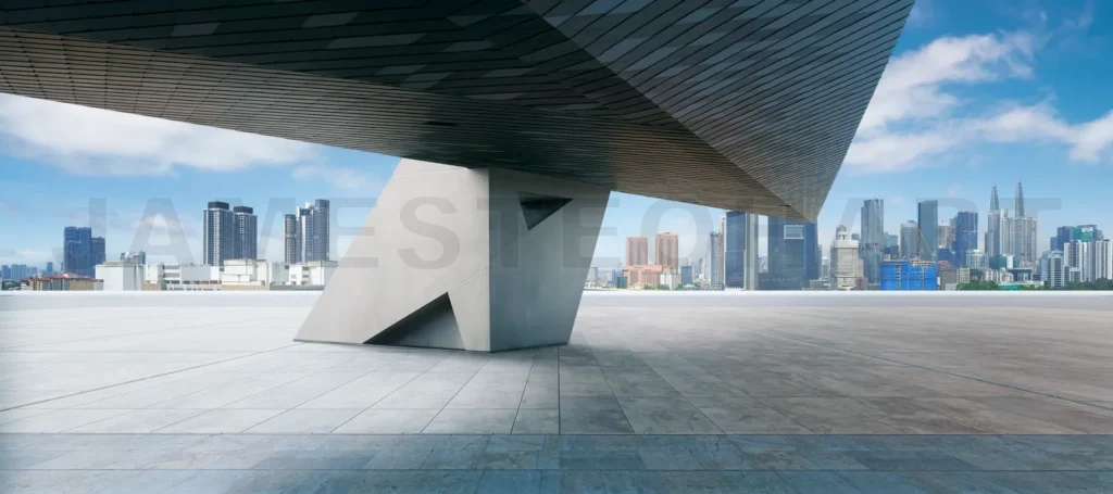 
3d rendering modern building overlooking kuala lumpur skyline with empty floor