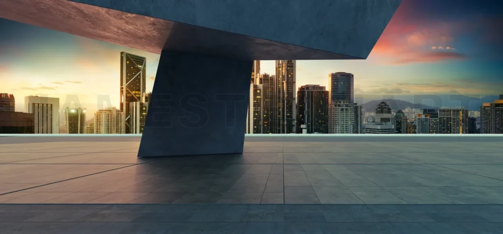 
3d rendering perspective view of empty concrete balcony overlooking city skyline at sunset, 3d rendering