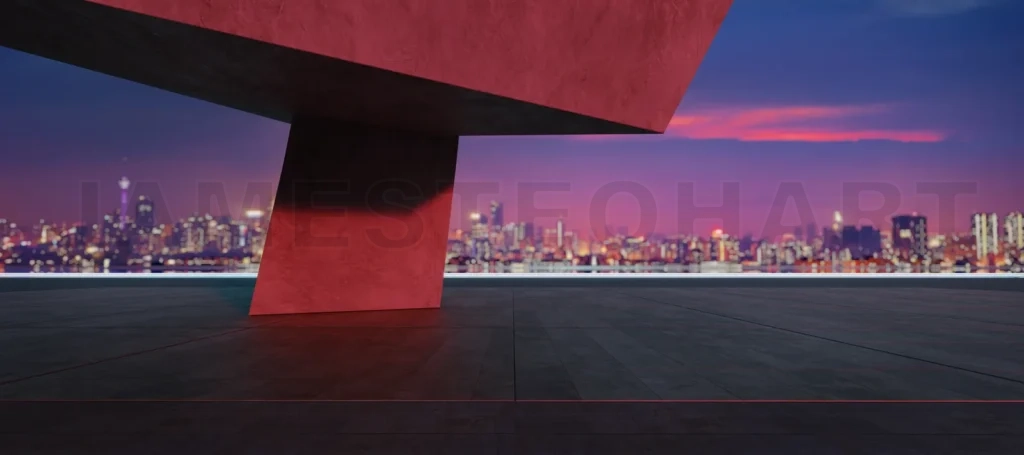 
3d rendering modern building overlooking illuminated cityscape at sunset: 3d rendering