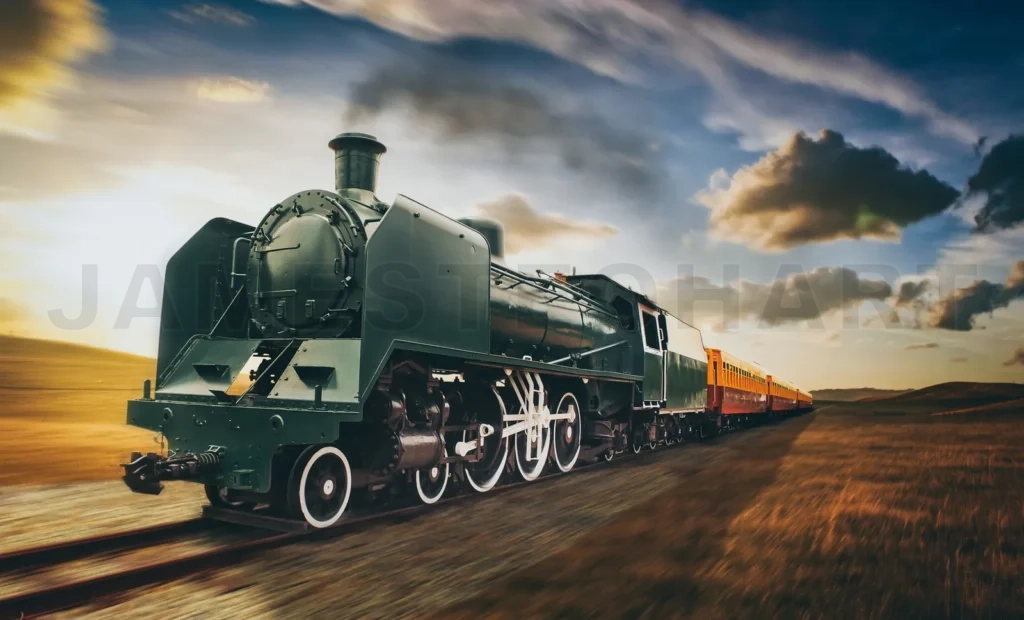 
Vintage Green And Yellow Steam Powered Railway Train Moving
