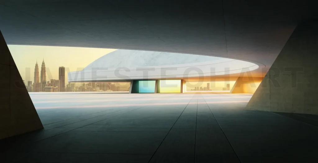 
3D rendering modern building interior showing kuala lumpur skyline at sunset