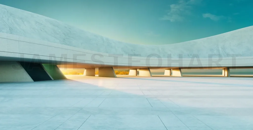 
3D rendering modern concrete building exterior with empty parking lot at sunset