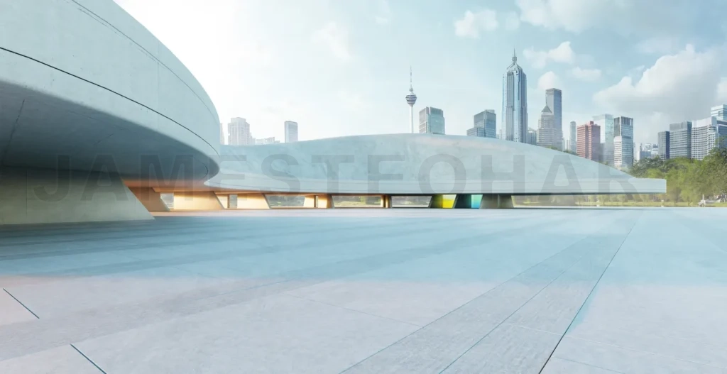 
3d rendering modern architecture meeting urban skyline in empty city square