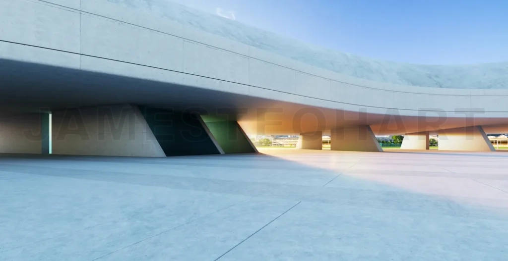 
3d rendering modern concrete building exterior with empty space at sunset