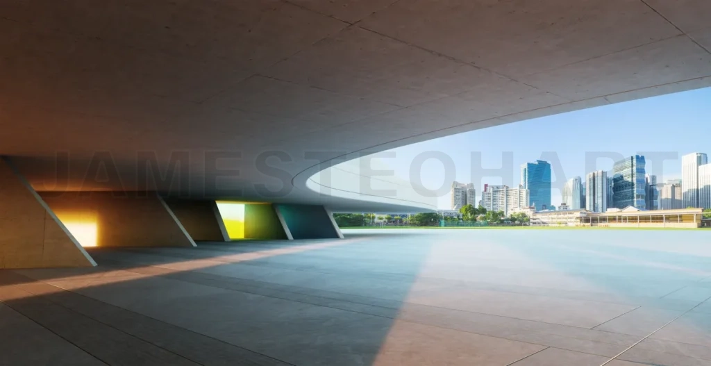
3d rendering empty concrete ground and modern skyline with colorful wall