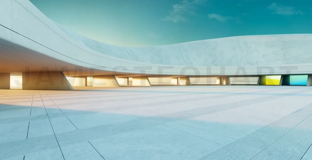 
3d rendering modern architecture concrete building showing empty parking lot at sunset