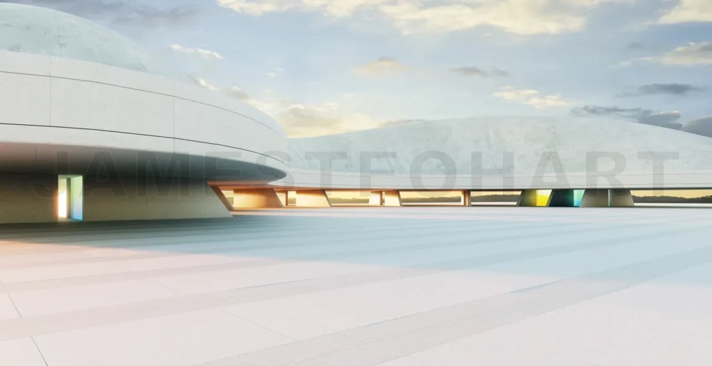 
3D rendering futuristic concrete building with colorful windows at sunset