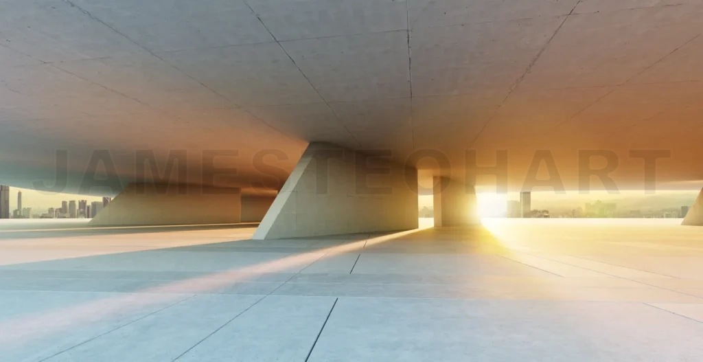 
3D rendering modern concrete building overlooking city at sunrise