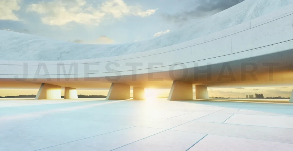 
3D rendering empty square under a modern concrete building at sunset