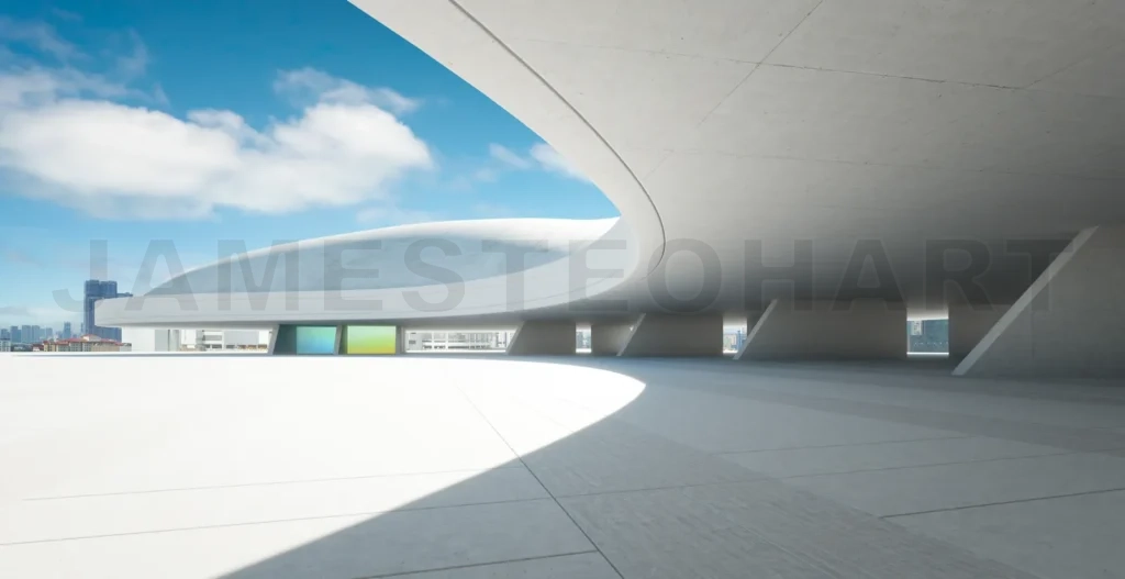 
3d rendering modern architecture concrete building showing dome and cityscape