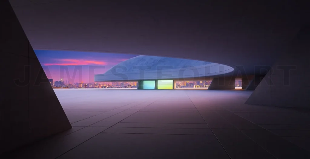 
3d rendering modern building exterior showing city skyline at sunset