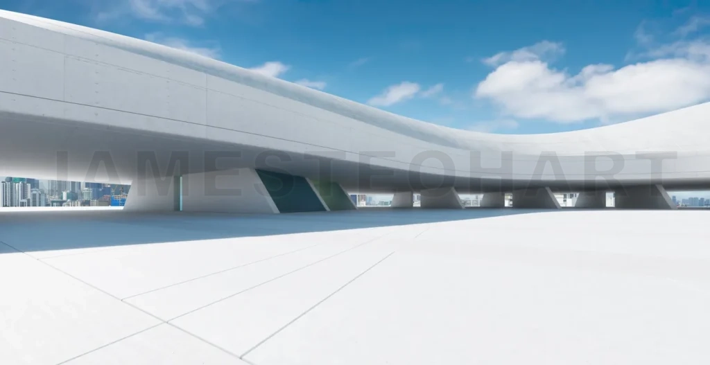 
3d rendering empty concrete ground under futuristic building with city skyline in background