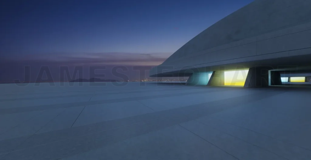 
3d rendering futuristic concrete building with colorful lights at dusk overlooking city skyline