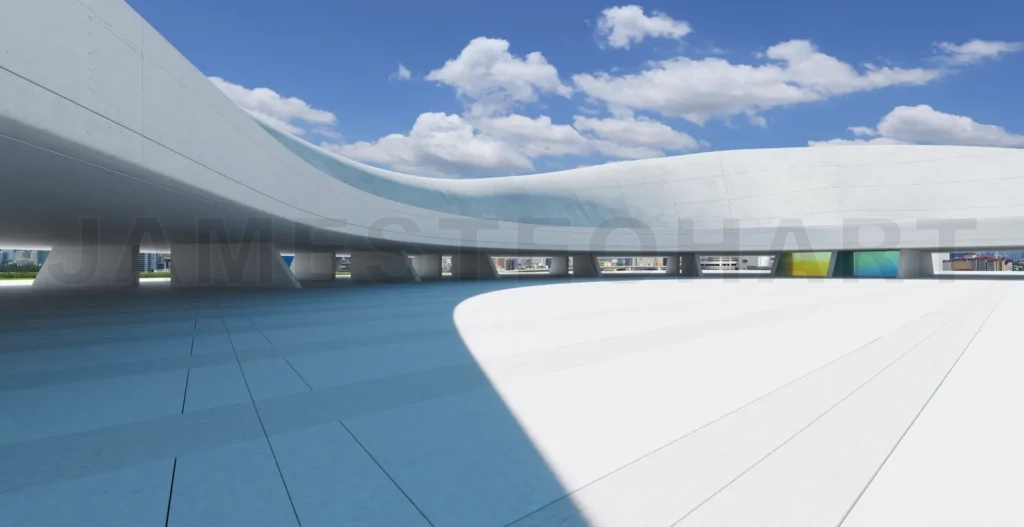 
3d rendering modern architecture building with curved concrete roof and empty plaza