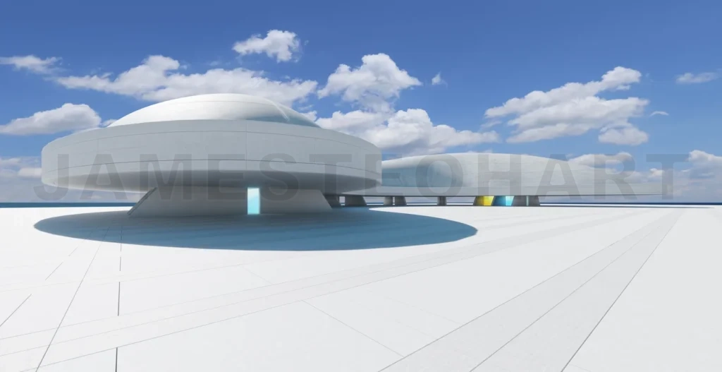 
3d rendering futuristic buildings standing on white platform near ocean under cloudy sky