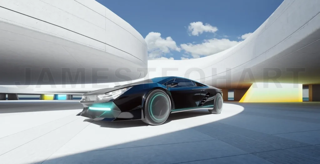 
3d rendering futuristic sports car parked in modern architectural setting