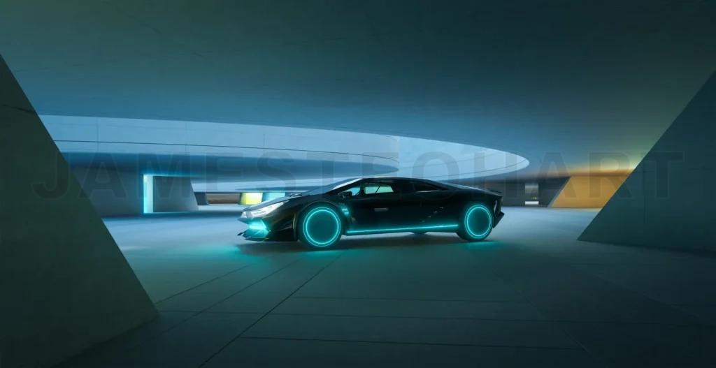 
3d rendering futuristic sports car parked in modern garage with neon lights