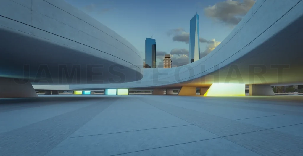 
3d rendering futuristic concrete elevated walkway with illuminated panels overlooking city skyline at dusk