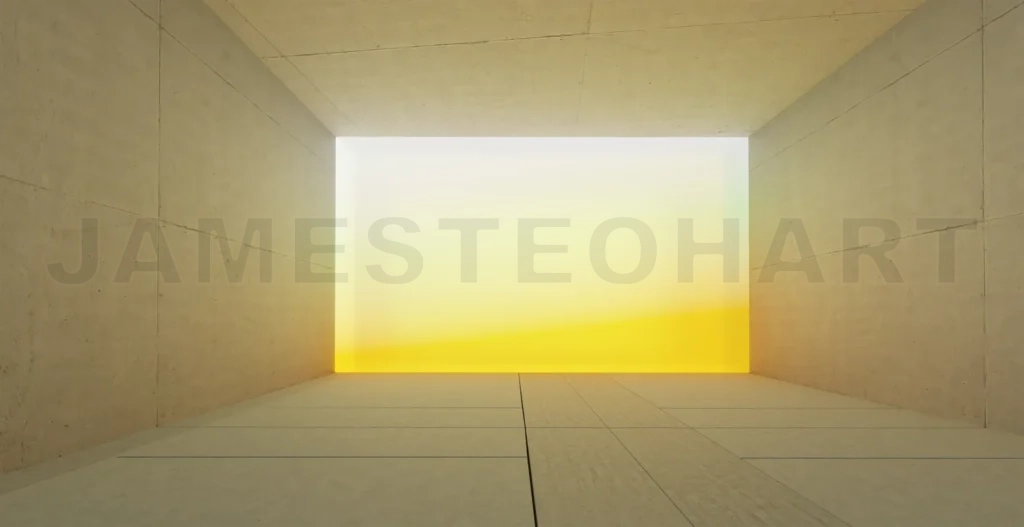 
3d rendering empty concrete room opening onto bright yellow light