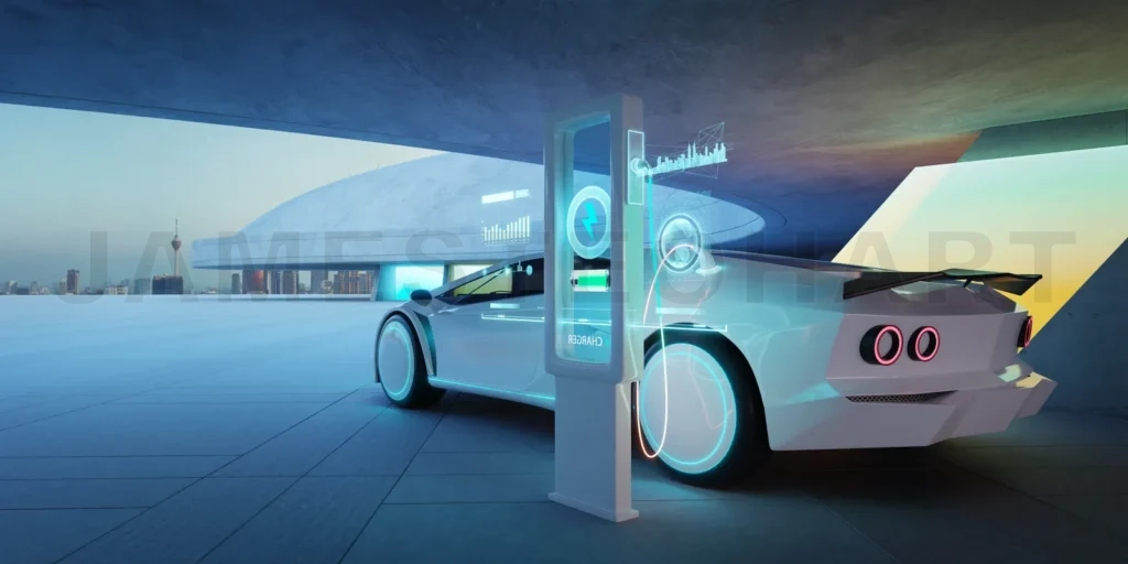 
3d rendering futuristic electric car charging at modern station with city skyline