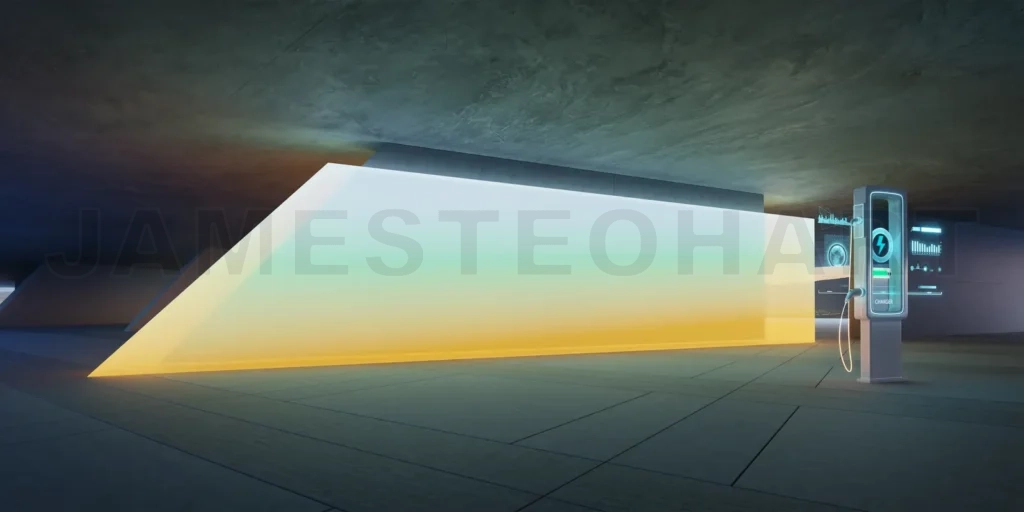 
3d rendering electric vehicle charging station illuminating futuristic concrete garage