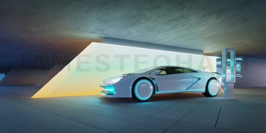
3d rendering futuristic electric car charging in modern garage