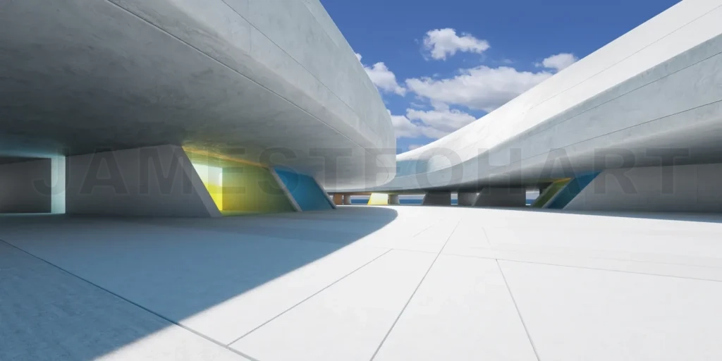 
3d rendering empty concrete building exterior with colorful glass windows under partially cloudy sky