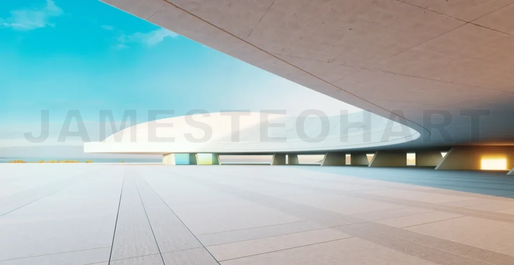 
3d rendering modern architecture building exterior with empty square and sea view under blue sky