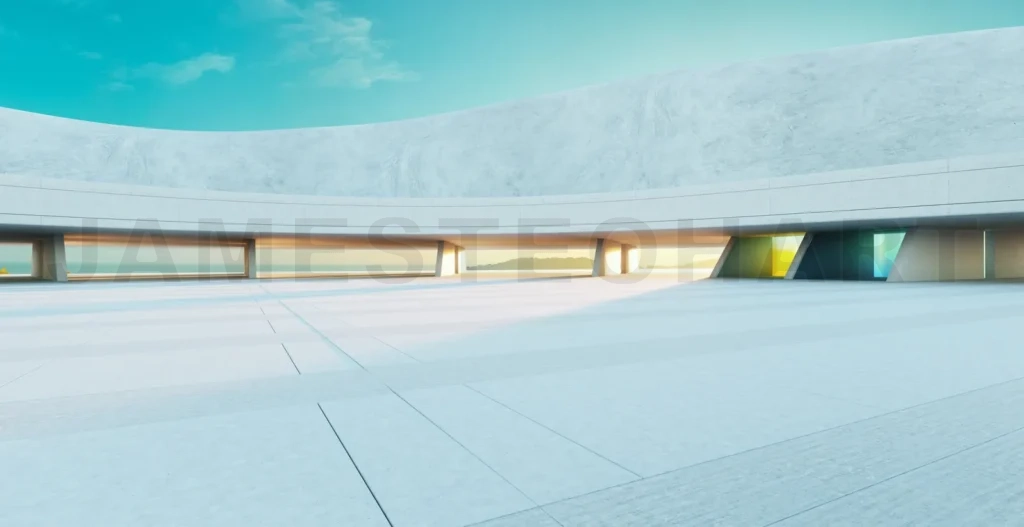 
3d rendering modern architecture building overlooking tranquil ocean at sunrise with futuristic design and coastal serenity