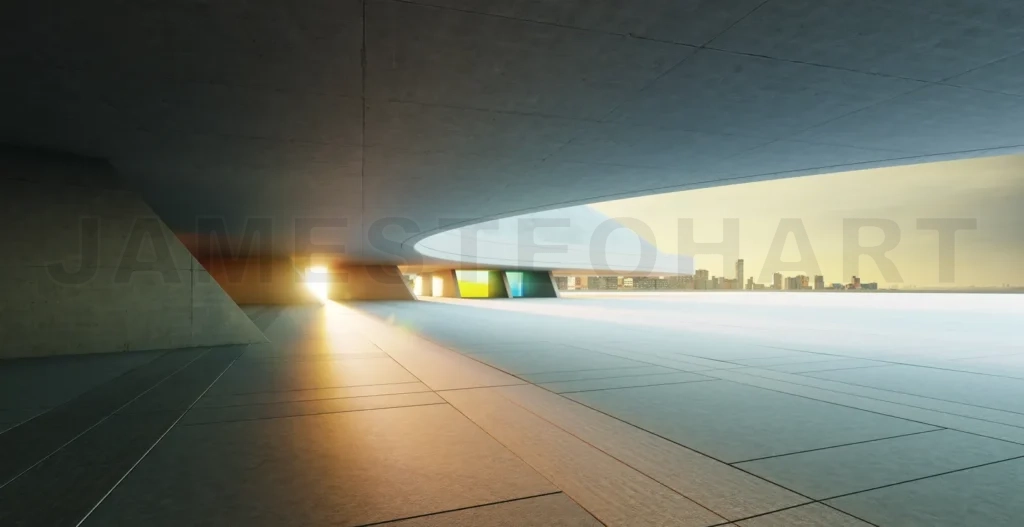 
3d rendering sun shining through futuristic concrete building interior at sunrise over city skyline