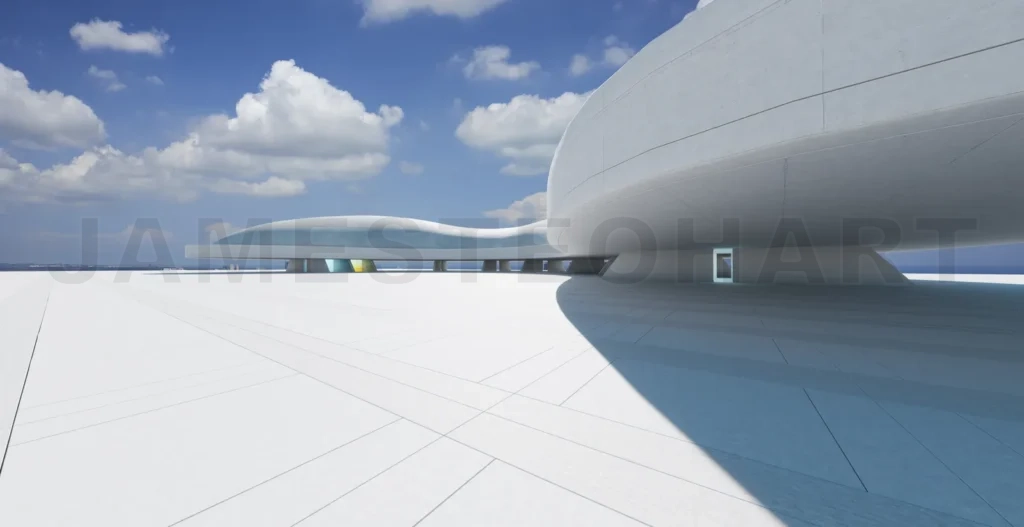 
3d rendering futuristic white concrete building with cloudy sky background