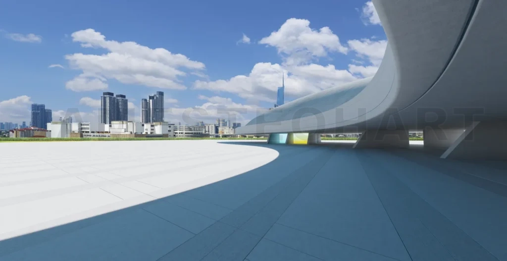 
3d rendering modern architecture shaping urban skyline with empty square and futuristic structure