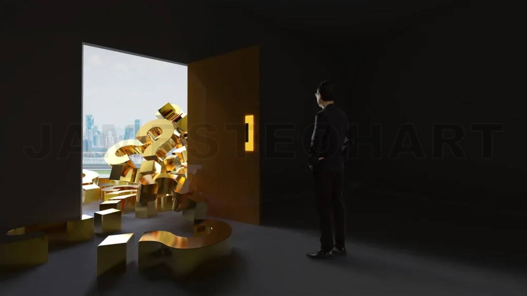 
Businessman Stand In Front Of A Bunch Of Question Marks Fell In From The Exit Door From Outside