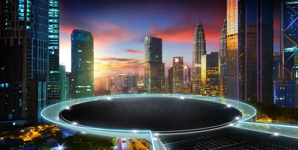 
Beautiful sunrise city and sci-fi circular stage