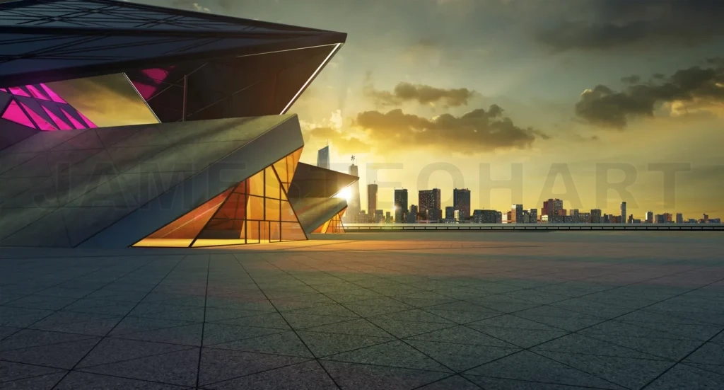 
3d Modern building exterior with sunrise cityscape