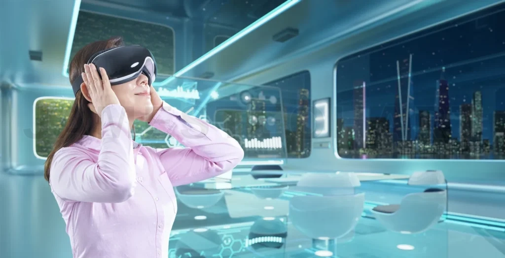 
The young girl wearing VR headset