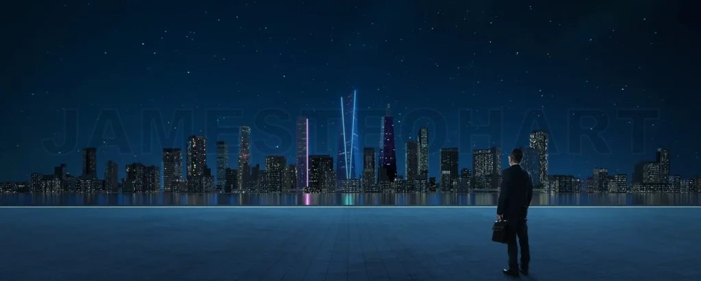 
Businessman standing and looking at the bustling city on the opp