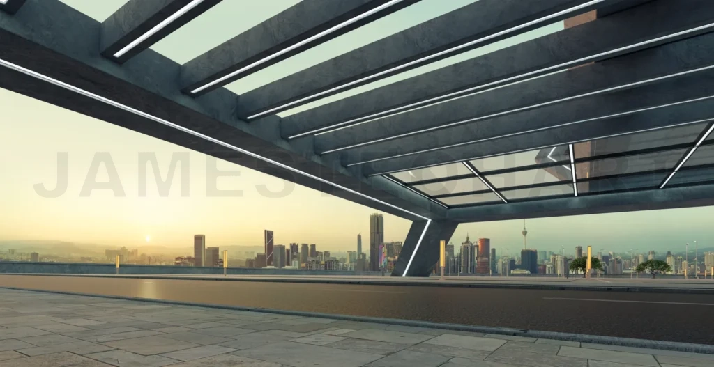 
Perspective view of empty road and modern rooftop building