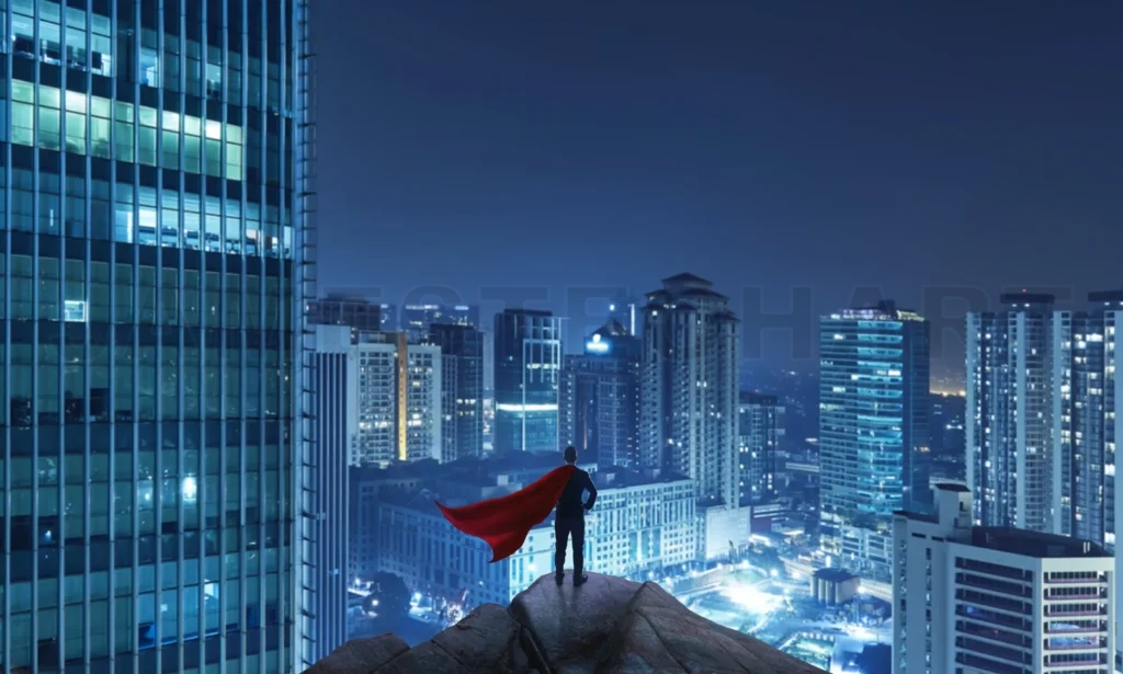
Businessman wearing a red cape and standing on a cliff above the city at night
