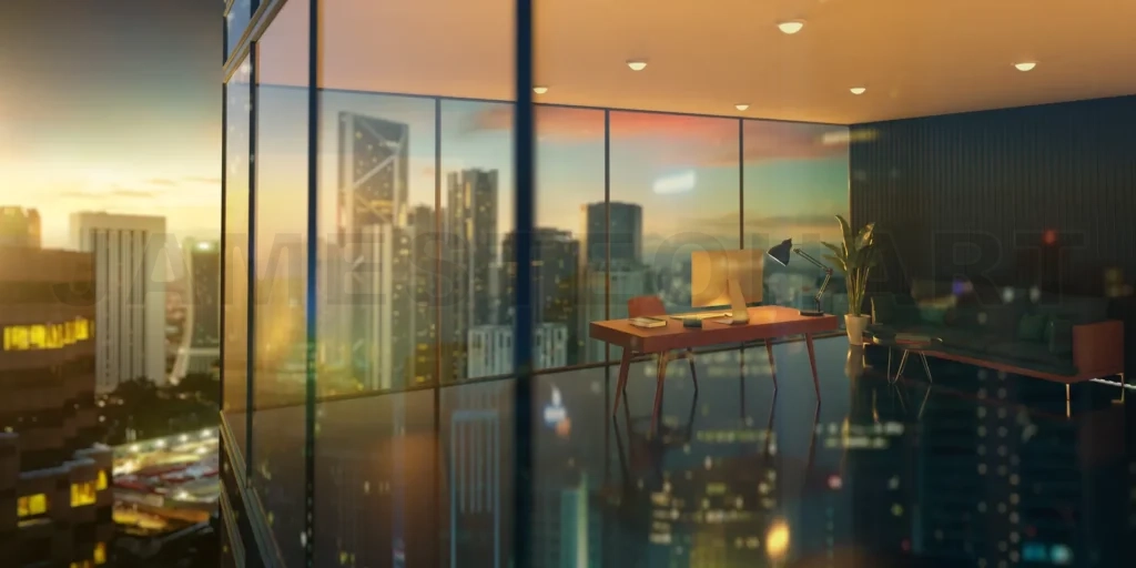 
3d Office with sunrise city skyline