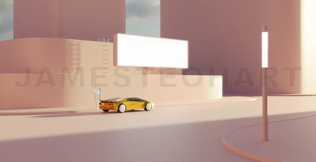 
3d rendering of minimalist street background with blank billboar