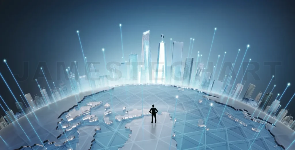 
Businessman standing on Smart city map