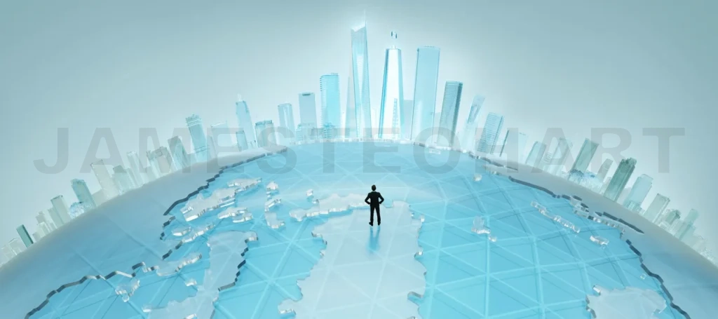 
Businessman standing on Smart city map