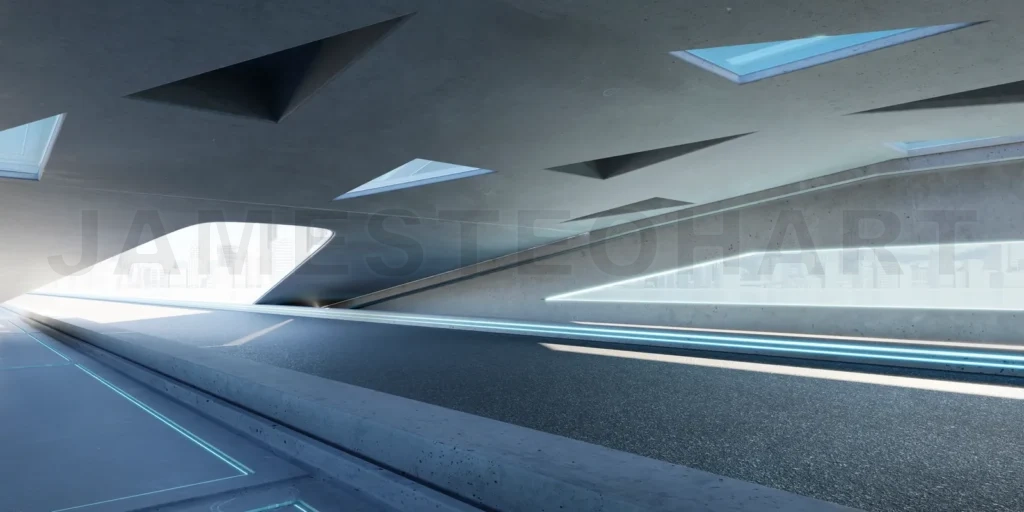 
3D empty aspahalt road and roof architecture with triangular ele